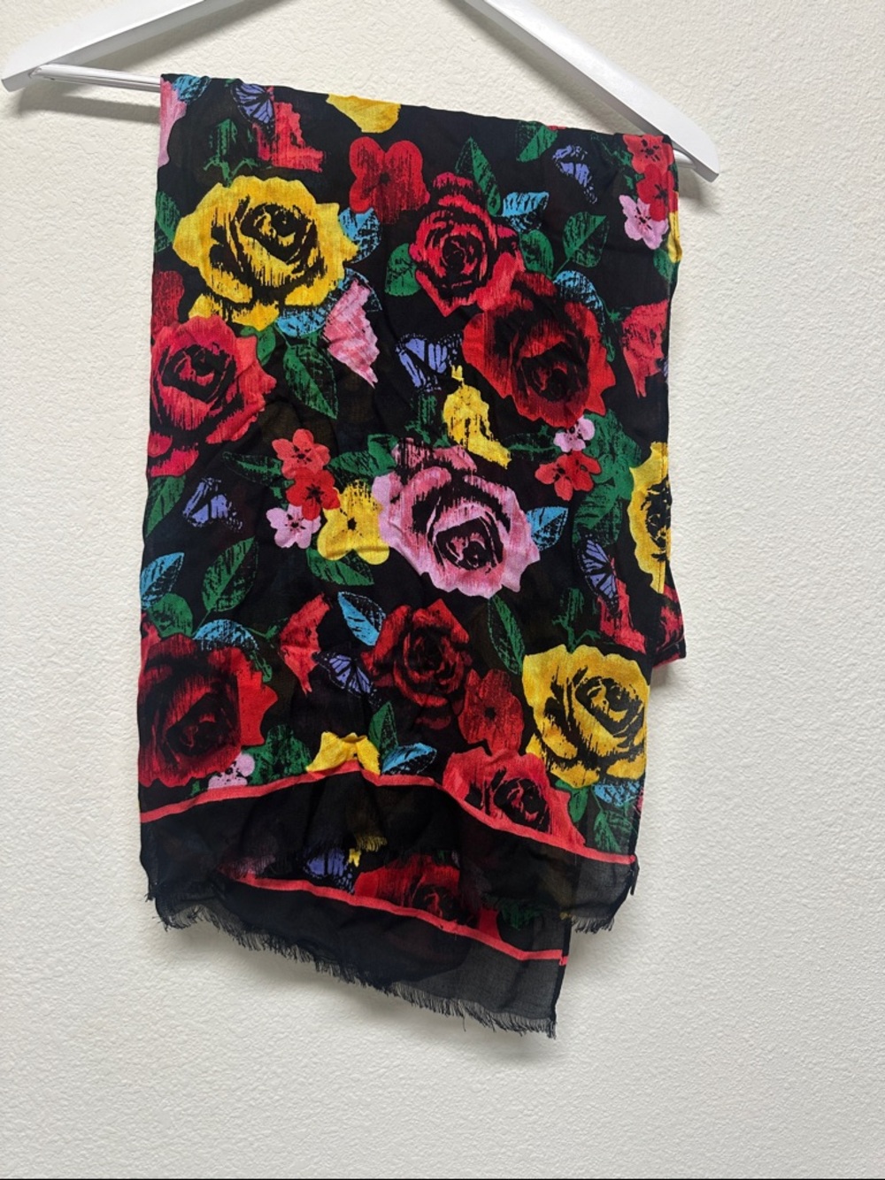 VEra Bradley Floral Rose Print Scarf in Black, Red, Yellow, Pink & Green